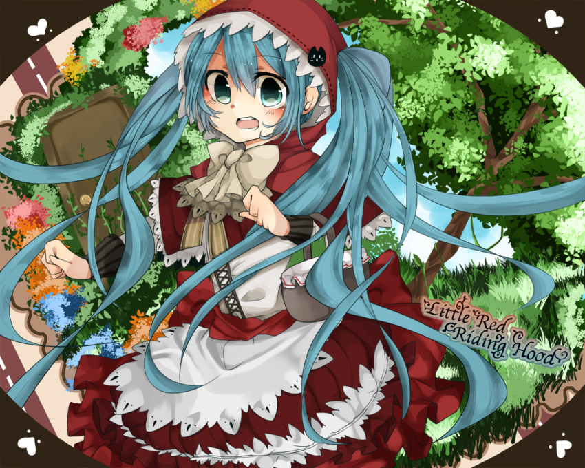 aqua_hair, basket, cosplay, dress, green_eyes, hatsune_miku, little_red_riding_hood, little_red_riding_hood_(cosplay)