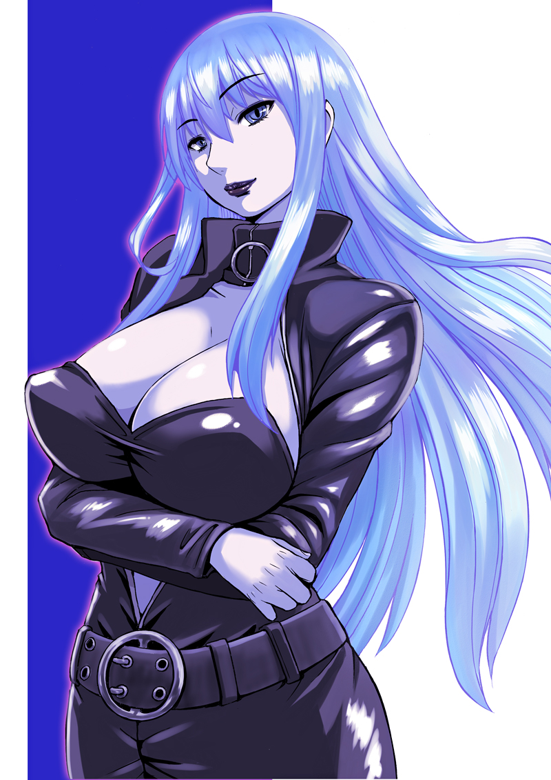 belt, black_lipstick, blue_eyes, blue_hair, breast_hold, breasts, center_opening, cleavage