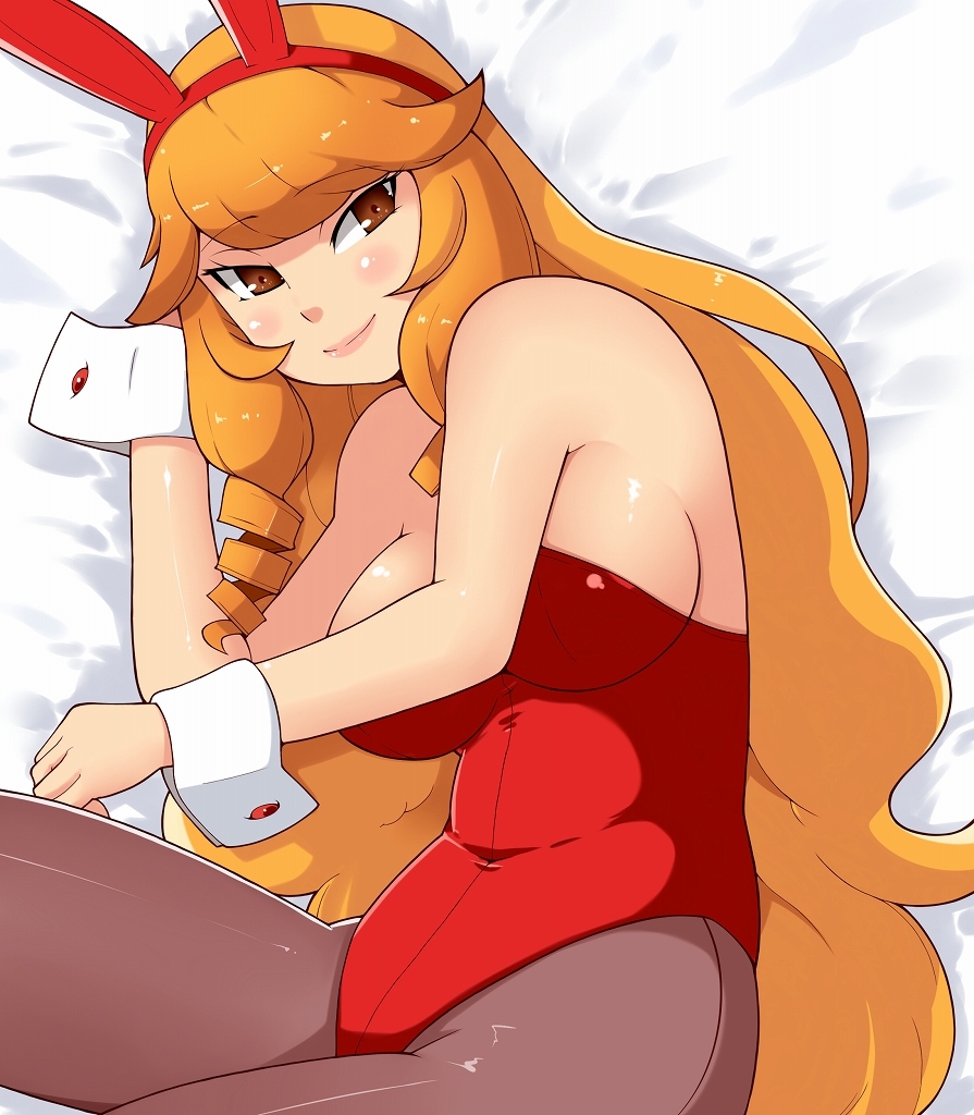 1girl, blonde_hair, brown_eyes, bunny_ears, bunnysuit, female, long_hair, momo_(fruits_box)