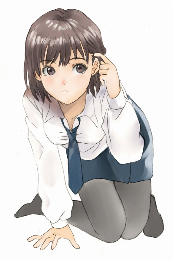 arm_support, bad_id, blouse, breasts, brown_eyes, brown_hair, female, formal