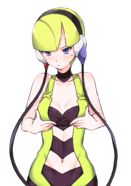 akira_(natsumemo), bare_shoulders, blonde_hair, blue_eyes, blush, breast_lift, breasts, cable