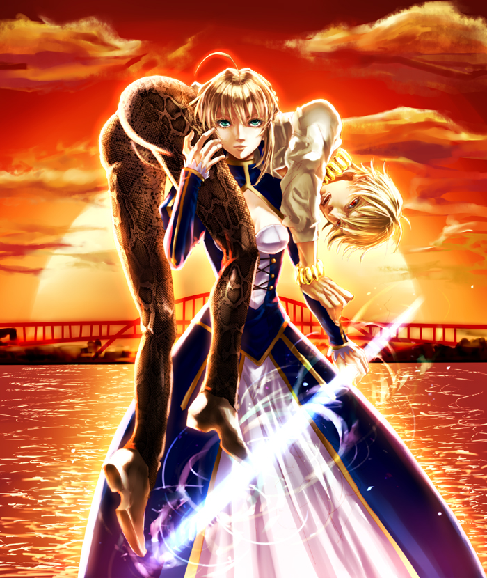 1girl, ahoge, blonde_hair, bracelet, bridge, dress, excalibur, fate/zero