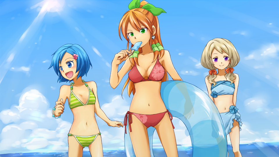 bikini, blonde_hair, blue_eyes, blue_hair, blush, breasts, brown_hair, cleavage