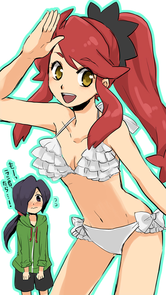 1girl, bikini, danball_senki, haibara_yuuya, hanasaki_ran, hoodie, kano_ko, long_hair