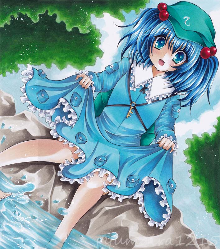 acrylic_paint_(medium), blue_dress, blue_eyes, blue_hair, cloud, clouds, dress, dutch_angle