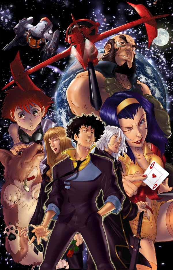 artist_request, blue_hair, cigarette, cowboy_bebop, dog, earth, edward_wong_hau_pepelu_tivrusky_iv, ein_(cowboy_bebop), faye_valentine, full_moon, jet_black, julia_(cowboy_bebop), moon, red_hair, redhead, space, spike_spiegel, swordfish_ii, vicious_(cowboy_bebop)