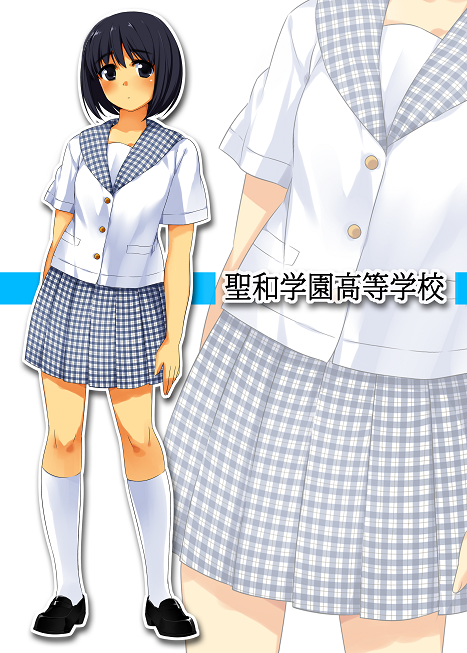 black_eyes, black_hair, blush, footwear, ishizaki_hiroki, looking_at_viewer, original, school_uniform, short_hair, simple_background, skirt, solo, standing, white_background, white_footwear, zoom_layer