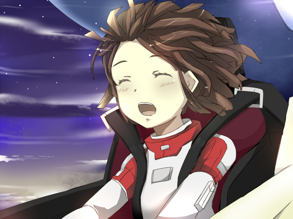 ai_hoshimiya, brown_hair, closed_eyes, cloud, clouds, cockpit, eyes_closed, miniskirt_pirates
