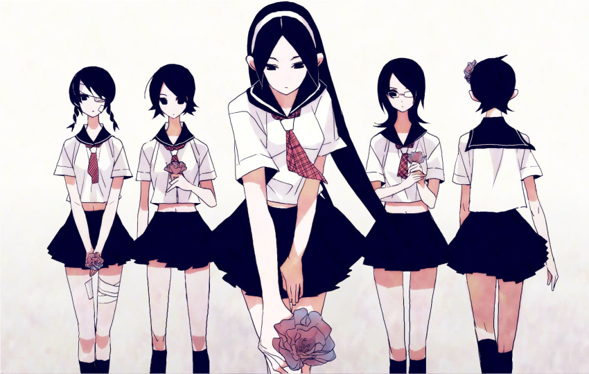 bandage, bandages, bangs, black_hair, braid, eyepatch, fargo_(artist), flower