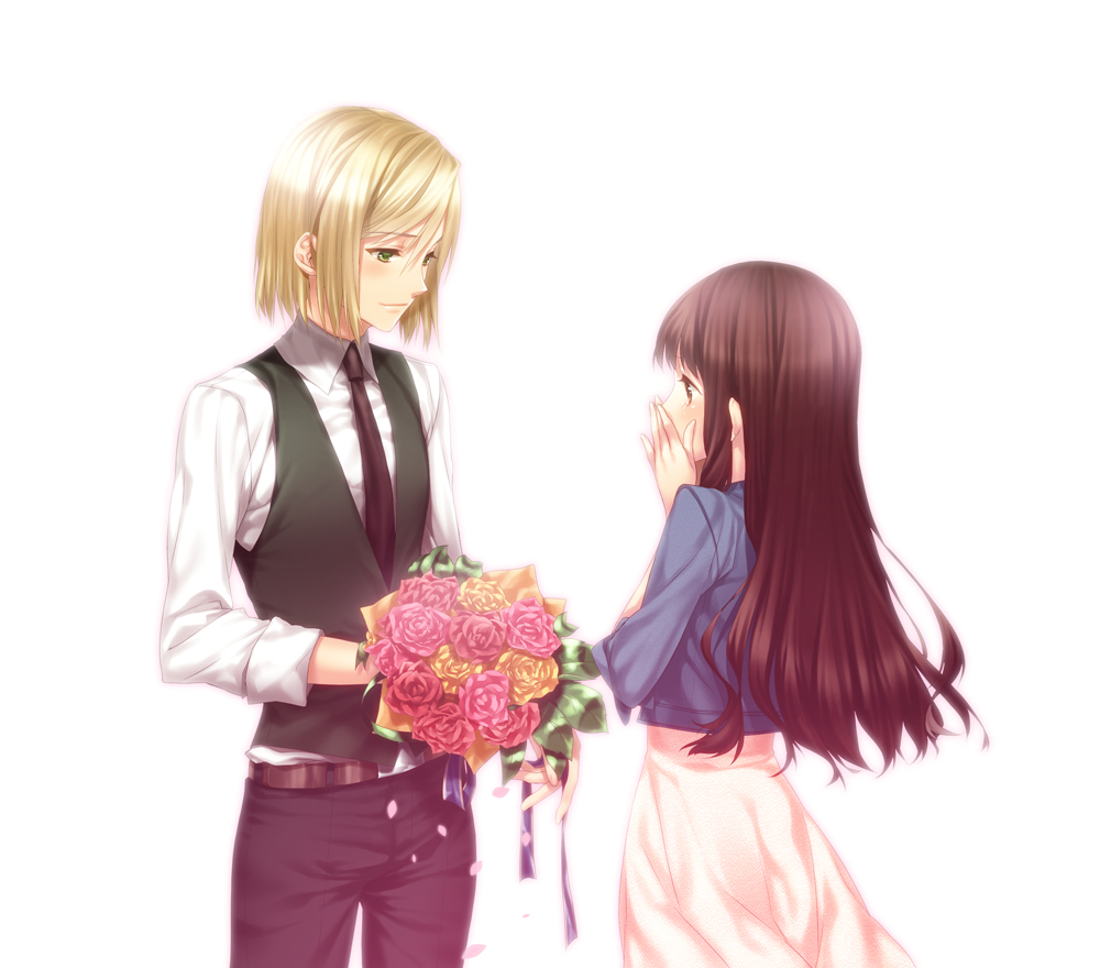 1girl, blonde_hair, bouquet, brown_eyes, brown_hair, character_request, fate/extra, fate_(series)