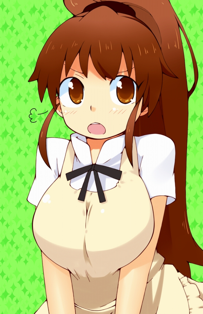 apron, blush, breast_squeeze, breasts, brown_eyes, brown_hair, green_background, large_breasts