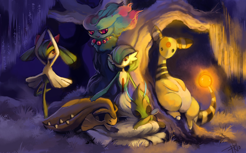 ampharos, arms_up, celebi, closed_eyes, creature, dancing, dark, floating