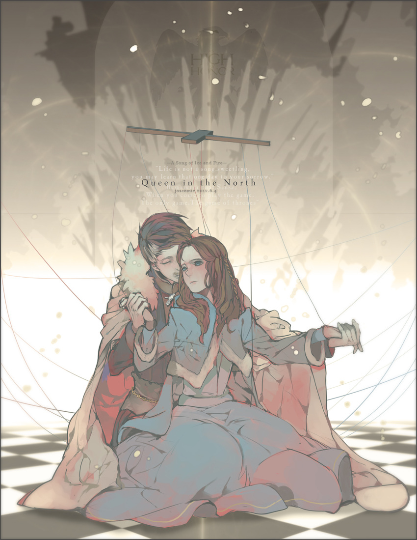 1girl, a_song_of_ice_and_fire, blue_dress, blue_eyes, brown_hair, cape, dress, facial_hair
