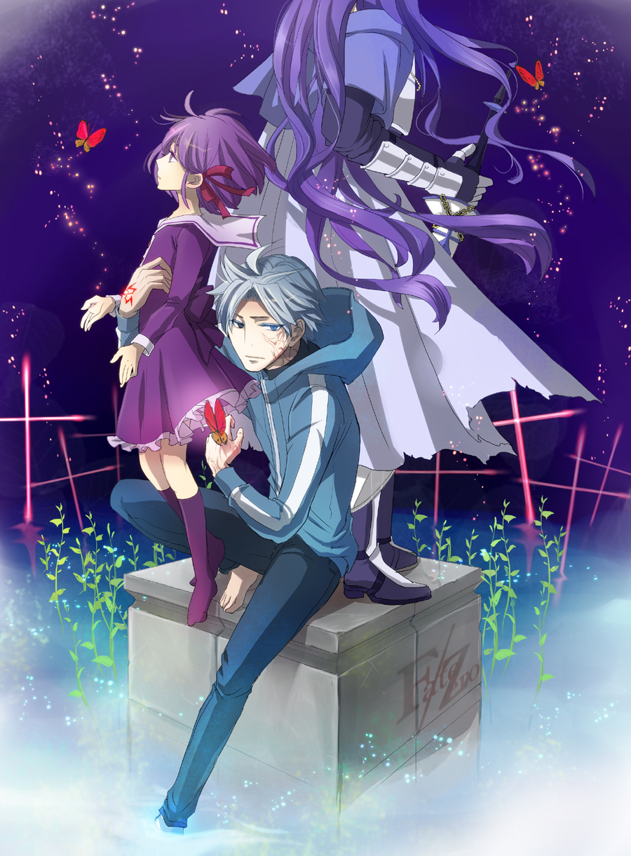 2boys, armor, arondight, barefoot, berserker_(fate/zero), blue_eyes, butterfly, cape