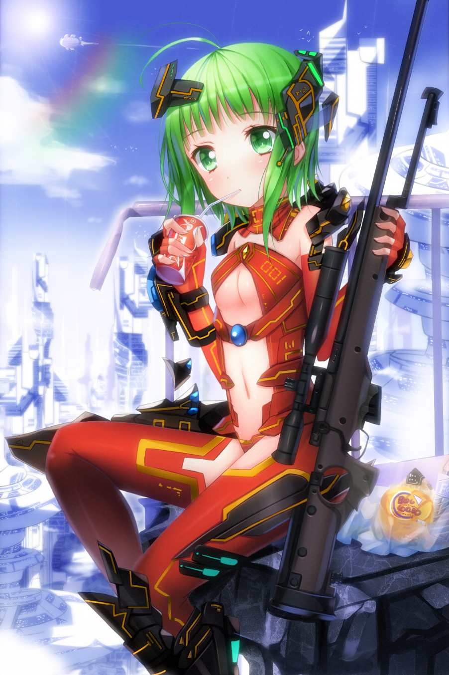 ahoge, bad_id, blush, bodysuit, bolt_action, cup, green_eyes, green_hair