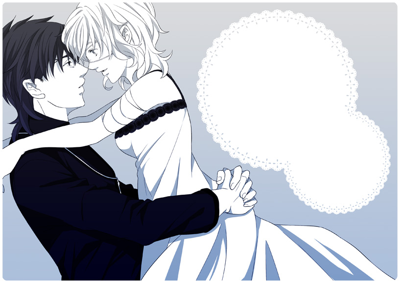1girl, claudia_hortensia, claudia_ortensia, couple, dress, fate/zero, fate_(series), hug, husband_and_wife, kotomine's_wife, kotomine's_wife, kotomine_kirei, muted_color, passo0102, short_hair, white_hair