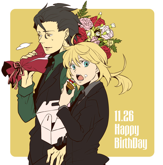 1girl, ahoge, aqua_eyes, black_hair, blonde_hair, bouquet, box, cupcake