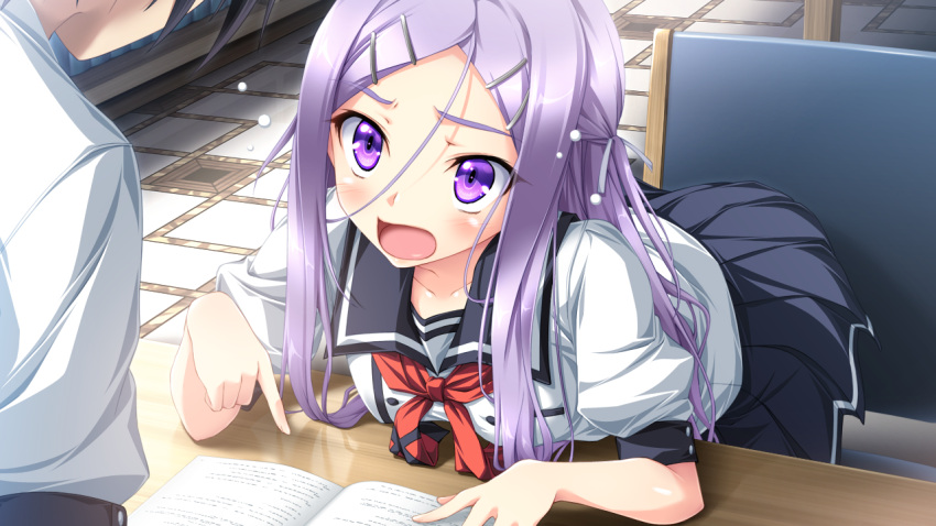amou_mikage, game_cg, kikurage, purple_hair, purple_software, seifuku, shiawase_kazokubu, violet_eyes