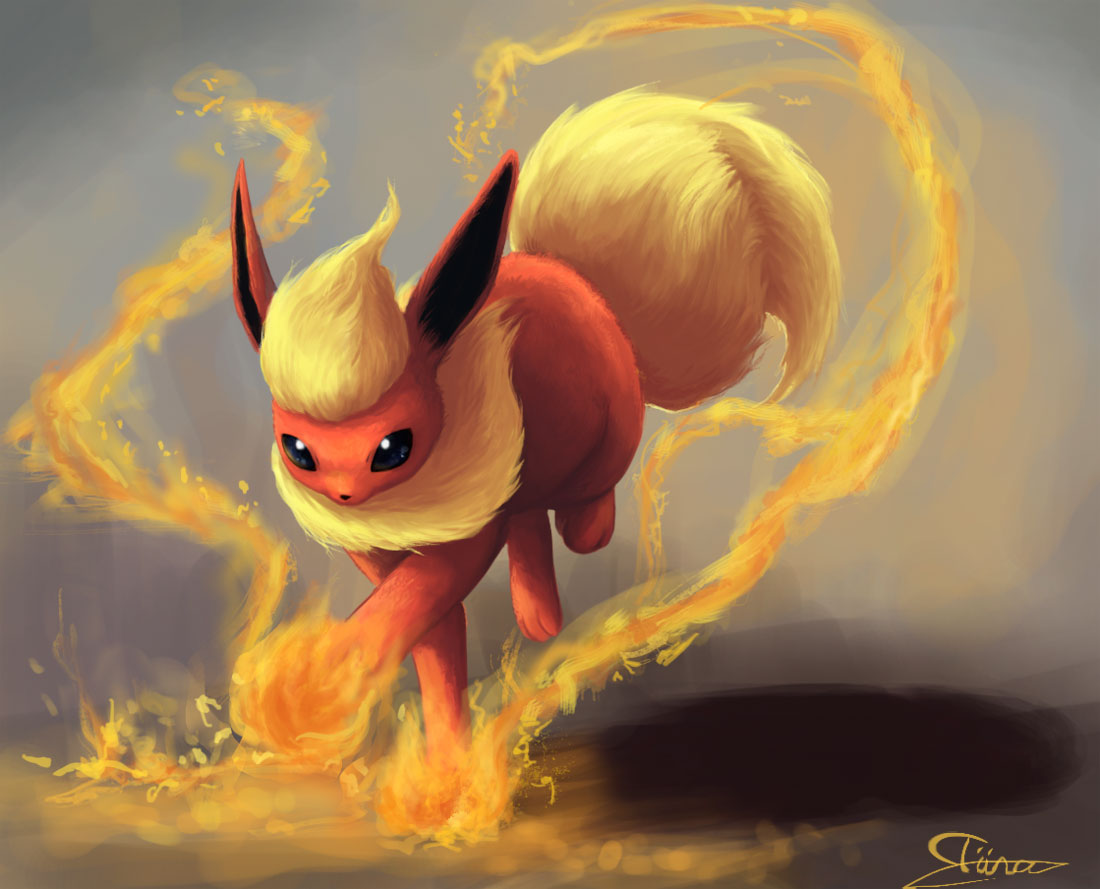 creature, fire, flareon, full_body, grey_background, no_humans, pokemon, pokemon_(creature), pyrokinesis, realistic, running, shadow, signature, solo, tiina