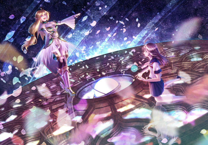 ahoge, blonde_hair, clarityblue, detached_sleeves, dutch_angle, elf, long_hair, multiple_girls