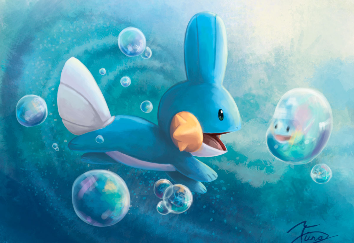 blue, blue_skin, bubble, creature, diving, mudkip, no_humans, pokemon, pokemon_(creature), reflection, signature, smile, solo, swimming, tiina, tongue, underwater