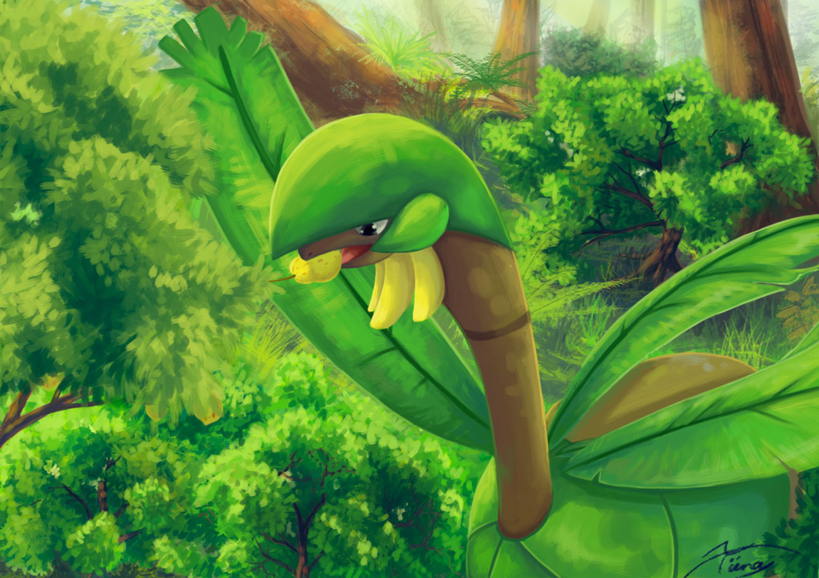 creature, eating, grey_eyes, mouth_hold, nature, no_humans, outdoors, pokemon