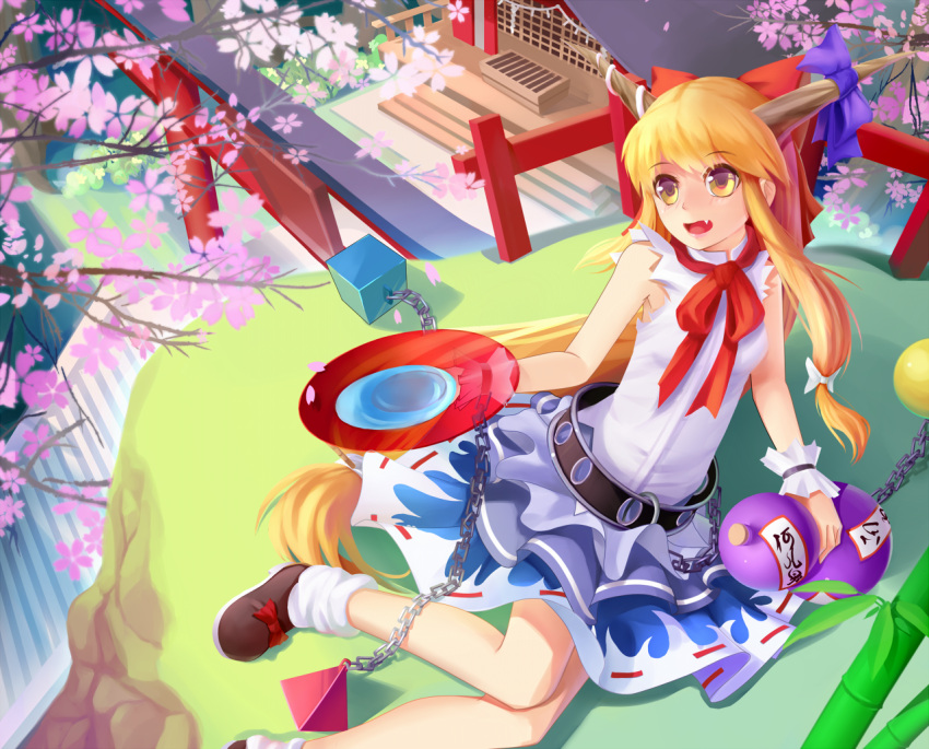 belt, blonde_hair, bow, box, chain, chains, cherry_blossoms, donation_box