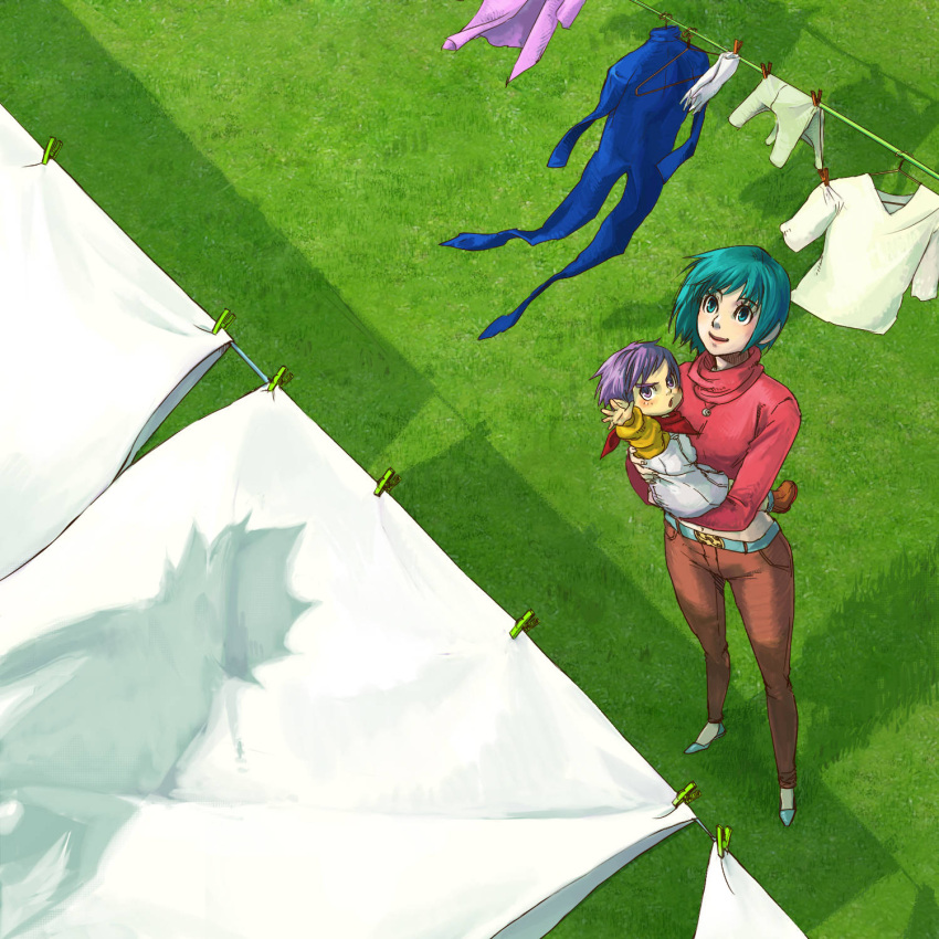 2boys, age_difference, bulma, carrying, child, dragon_ball, dragon_ball_z, dragonball_z, family, green_eyes, green_hair, highres, mother_and_son, multiple_boys, purple_eyes, purple_hair, reaching, shadow, smile, trunks_(dragon_ball), tsumujin, vegeta, violet_eyes