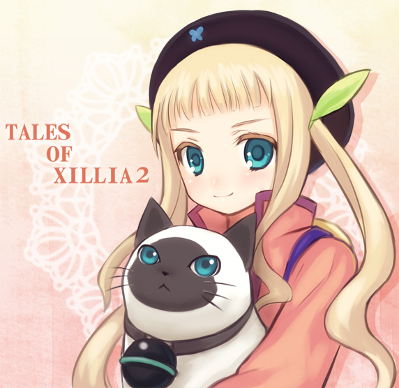 :<, animal, artist_request, blonde_hair, blue_eyes, brown_hair, cat, coat, elle_mel_martha, hat, long_hair, lulu_(tales_of_xillia_2), ribbon, shiny_merry-go-round, smile, solo, tales_of_(series), tales_of_xillia, tales_of_xillia_2, title_drop, twintails