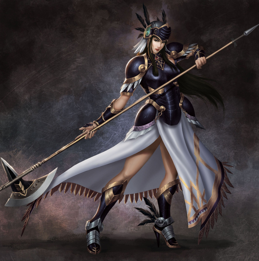 1girl, armor, bare_legs, black_eyes, black_hair, boots, breastplate, feathers