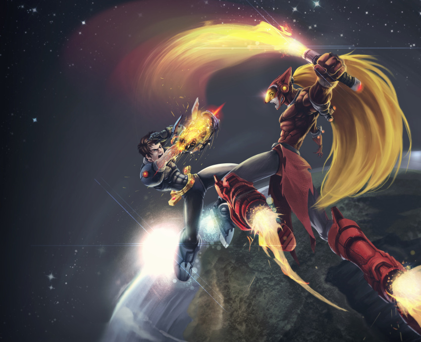 2boys, abs, absurdres, arm_cannon, armor, battle, belt, black_hair, blonde_hair, boots, chin_guard, damaged, earth, energy_sword, gloves, glowing, highres, huge_filesize, jet_boots, kobus_faber, lens_flare, loincloth, long_hair, mega_man_(character), mega_man_(series), mega_man_x_(series), multiple_boys, ocean, pauldrons, ponytail, rockman, rockman_(character), screaming, space, star, sun, sword, very_long_hair, visor, weapon, x_(mega_man), zero_(mega_man), zero_(rockman)