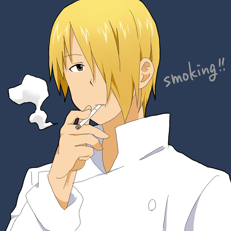 blonde_hair, brown_eyes, cigarette, donrima, hair_over_one_eye, male, mouth_hold, satou_jun
