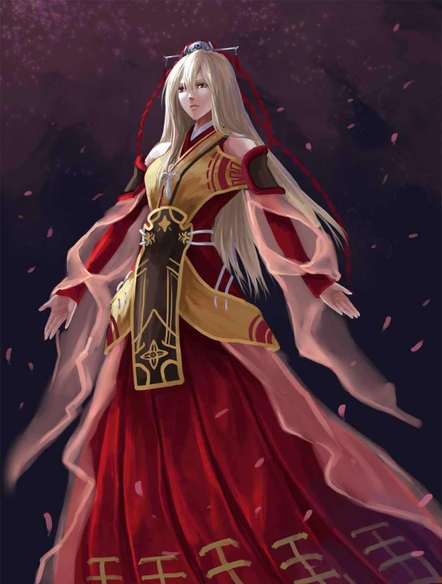 appleseed_(pixiv), blonde_hair, brown_eyes, character_request, dress, genji, hair_ornament, long_hair