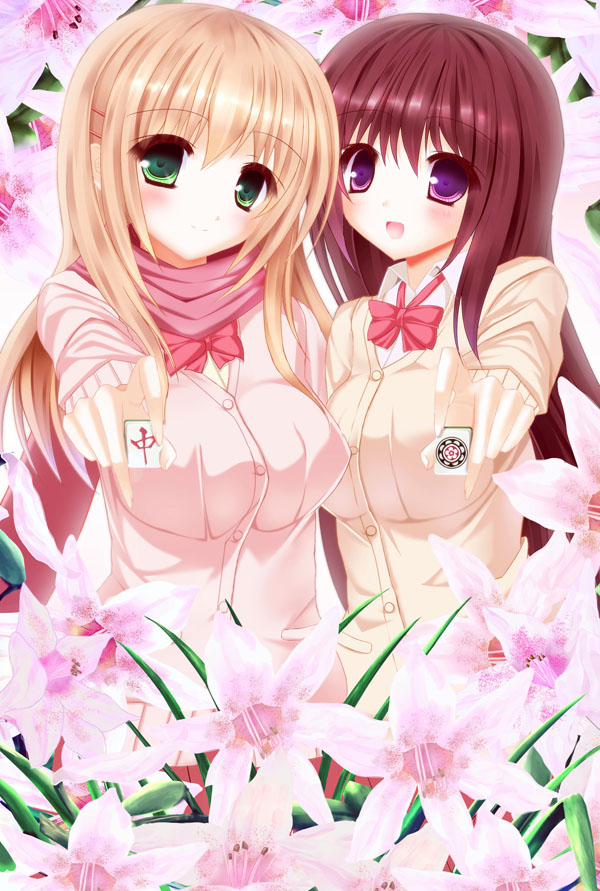 abejunabe, blush, brown_hair, cardigan, flower, green_eyes, hair_ornament, hairpin