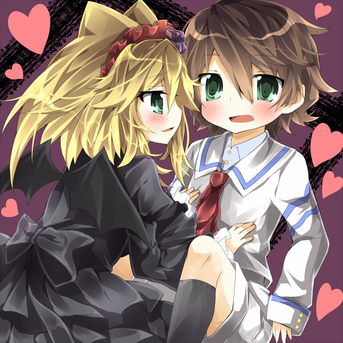 bad_id, bat_wings, blonde_hair, blush, brown_hair, chiruku, gothic_lolita, green_eyes