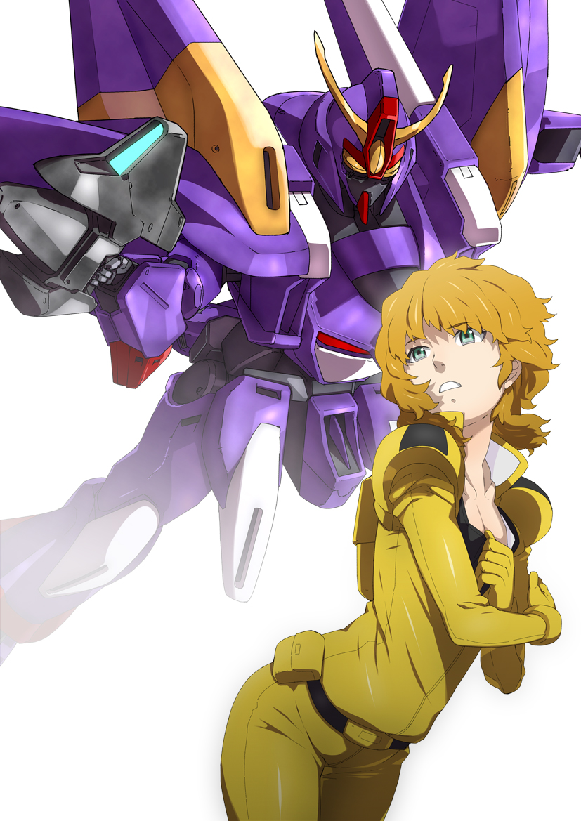 aqua_eyes, beam_rifle, belt, blonde_hair, breasts, cleavage, collarbone, ellis_claude, gun, gundam, jack_hamster, mecha, pilot_suit, sd_gundam, sd_gundam_g-generation, short_hair, simple_background, weapon, white_background, zanspine