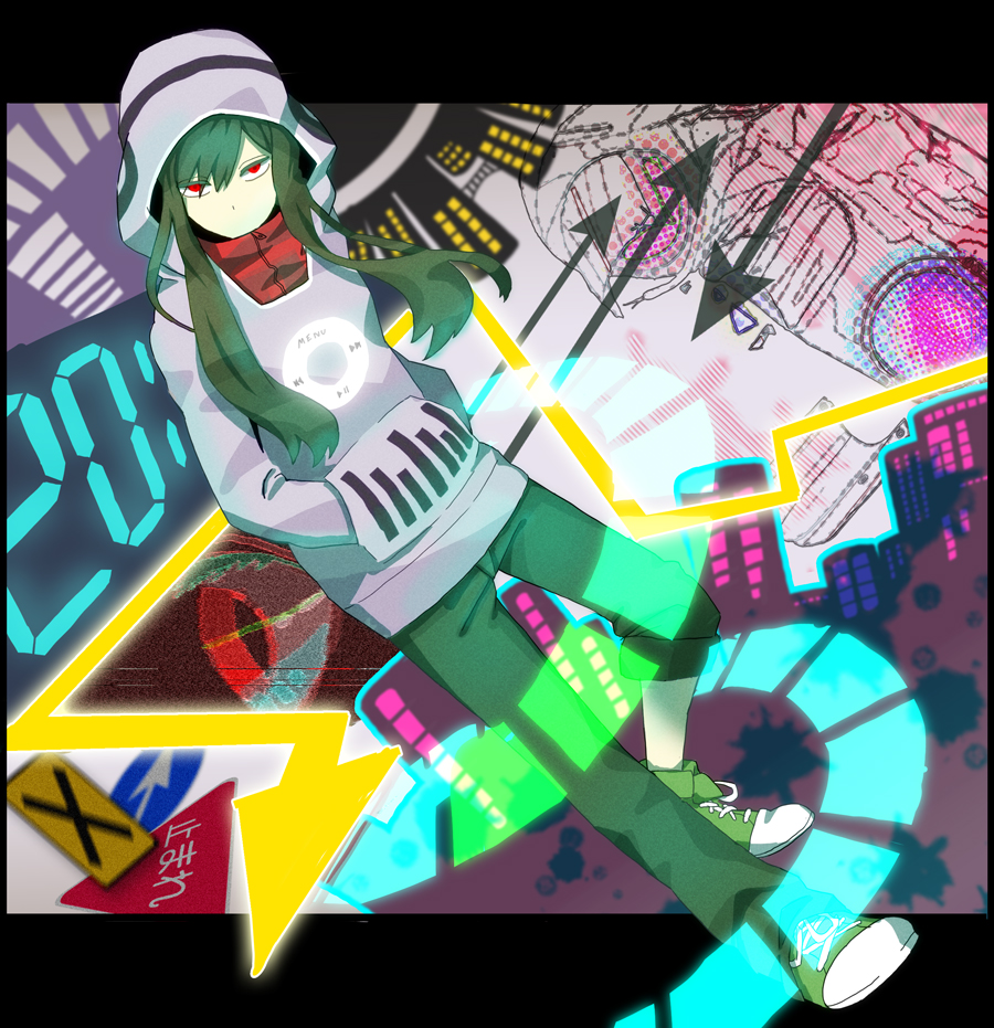 casual, green_hair, hoodie, jitter, kagerou_project, kido_(kagerou_project), long_hair, looking_at_viewer