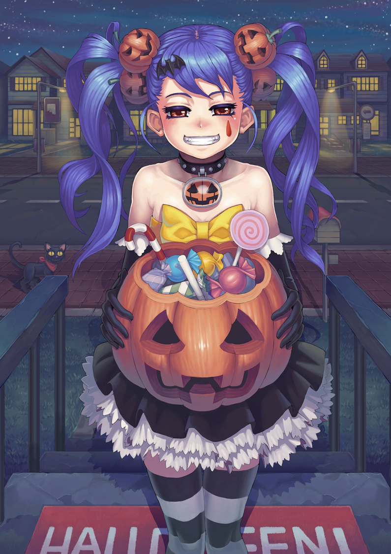 bare_shoulders, black_cat, blue_hair, blush, brown_eyes, candy, candy_cane, cat