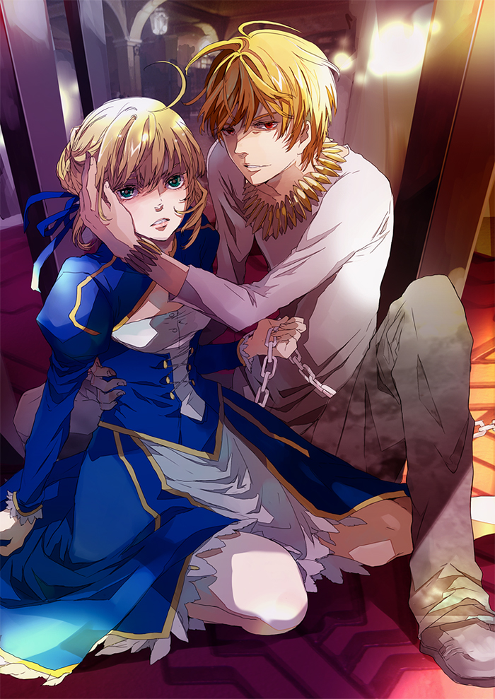 1girl, ahoge, bettyannnewaters, blonde_hair, bracelet, chain, chains, dress, fate/zero, fate_(series), gilgamesh, green_eyes, hair_ribbon, jewelry, necklace, red_eyes, ribbon, saber