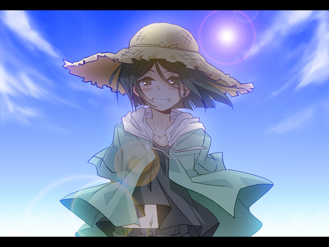 androgynous, black_eyes, black_hair, fate/zero, fate_(series), hat, hoodie, lens_flare, letterboxed, male, matsuzono, sky, solo, sun_hat, trap, waver_velvet