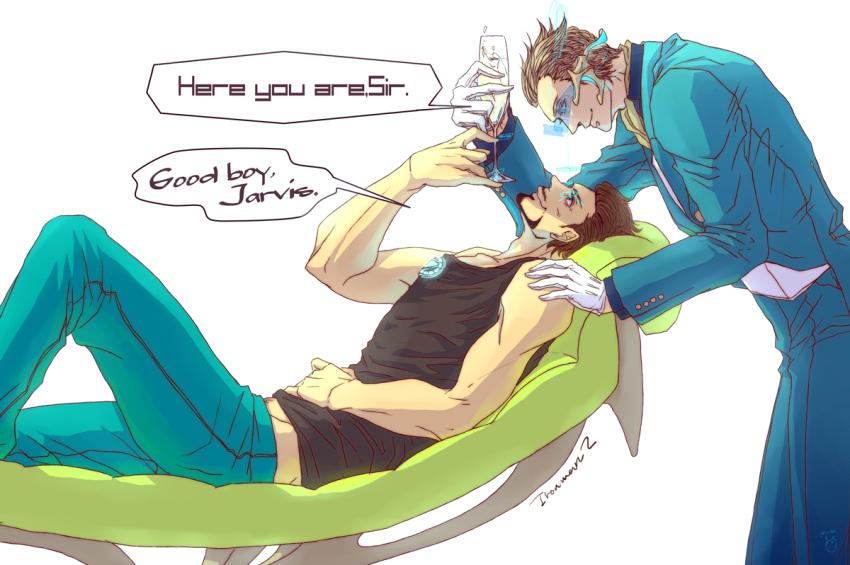 blonde_hair, brown_hair, butler, casual, couch, facial_hair, jarvis, marvel, multiple_boys, mustache, personification, t_poppo, tank_top, tony_stark, visor, wine