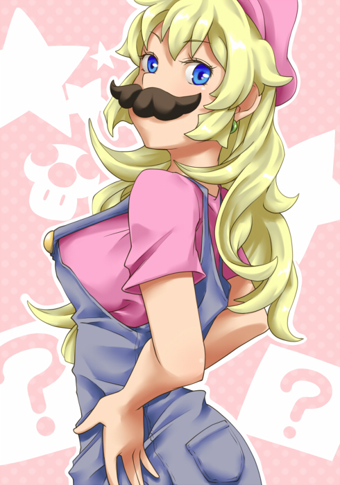 blonde_hair, blue_eyes, breasts, cosplay, crossdressinging, facial_hair, female, hands_on_hips, hat, long_hair, mario, mario_(cosplay), mustache, nintendo, overalls, princess_peach, reverse_trap, solo, super_mario_bros., yassy, yassy_(yasikoz2008)