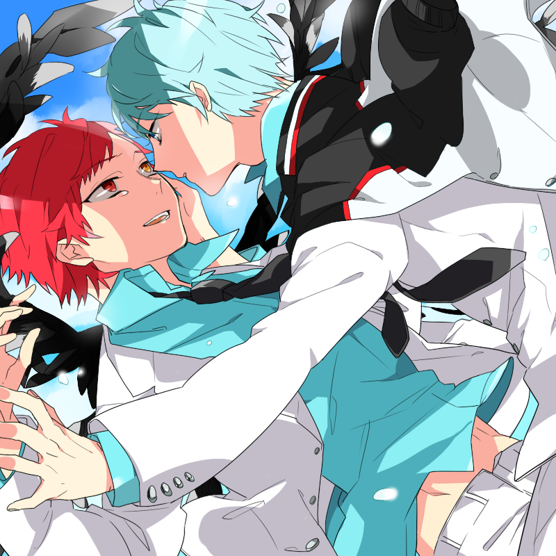 akashi_seijuurou, blue_hair, eye_contact, face-to-face, falling, feathers, heterochromia, jacket