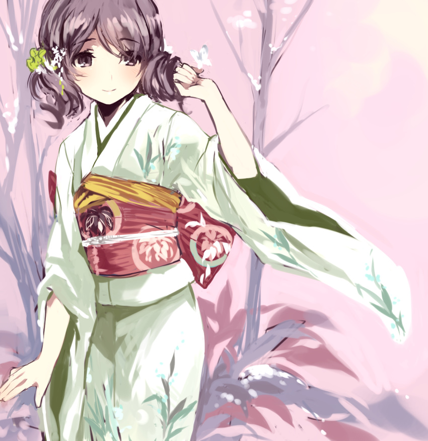 blush, brown_eyes, brown_hair, butterfly, drill_hair, flat_chest, floral_print, flower, hair_flower, hair_ornament, japanese_clothes, kimono, light_smile, obi, original, pink_background, solo, standing, tan_(tangent), ted, twin_drills, wide_sleeves, wind