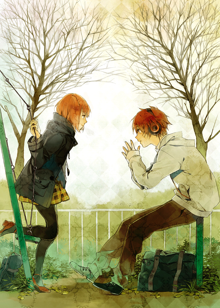 1girl, bag, brown_hair, headphones, hoodie, ittoki_otoya, jacket, nanami_haruka