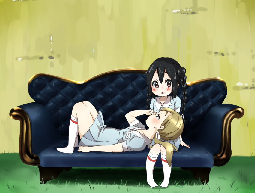 black_hair, blonde_hair, blue_eyes, braid, brown_eyes, couch, dress, highres