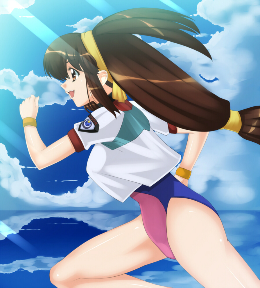 battle_athletes, brown_eyes, brown_hair, hairband, kanzaki_akari, leotard, long_hair, low-tied_long_hair