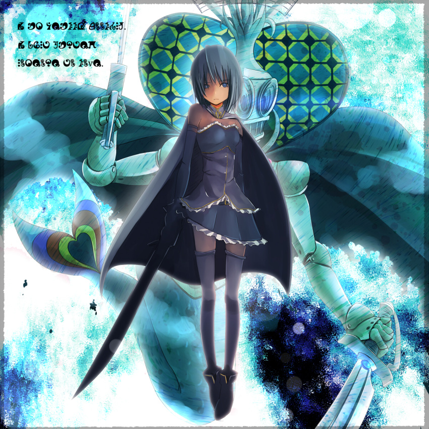 armband, bare_shoulders, blue_eyes, blue_hair, cape, dual_persona, highres, madoka_runes