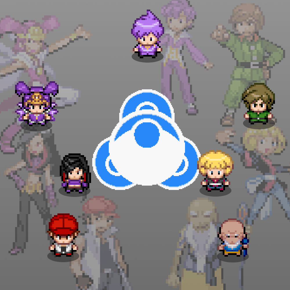 3girls, 4boys, azami_(pokemon), bald, beard, black_hair, blonde_hair, brown_hair, commentary, datsura_(pokemon), dual_persona, facial_hair, frontier_brain, hand_on_hip, hat, heath_(pokemon), hips, jindai_(pokemon), kogomi_(pokemon), liblu, lila_(pokemon), long_hair, looking_at_viewer, multiple_boys, multiple_girls, official_style, outstretched_arms, pink_hair, pixel_art, pointing, pointing_at_viewer, poke_ball_print, pokemon, pokemon_(game), pokemon_dppt, pokemon_hgss, pokemon_rse, posing, projected_inset, purple_hair, scowl, simple_background, standing, ukon_(pokemon)