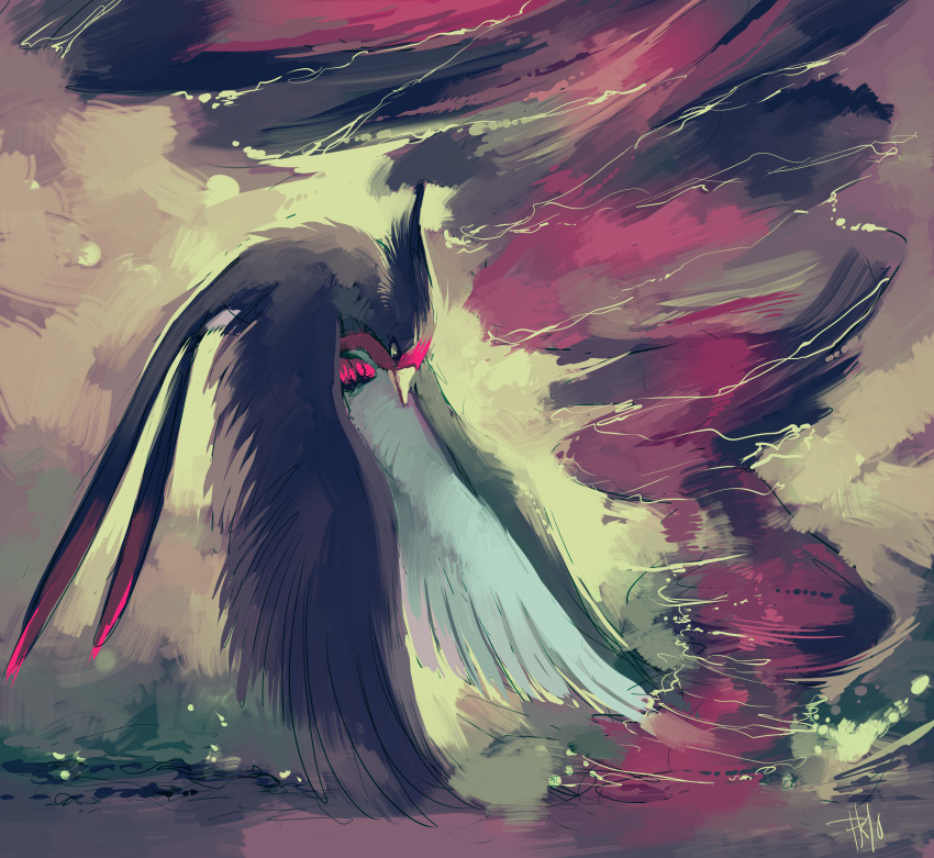 action, commentary, flying, highres, huge_filesize, hurricane, looking_down, no_humans, pokemon, pokemon_(creature), purplekecleon, signature, swellow